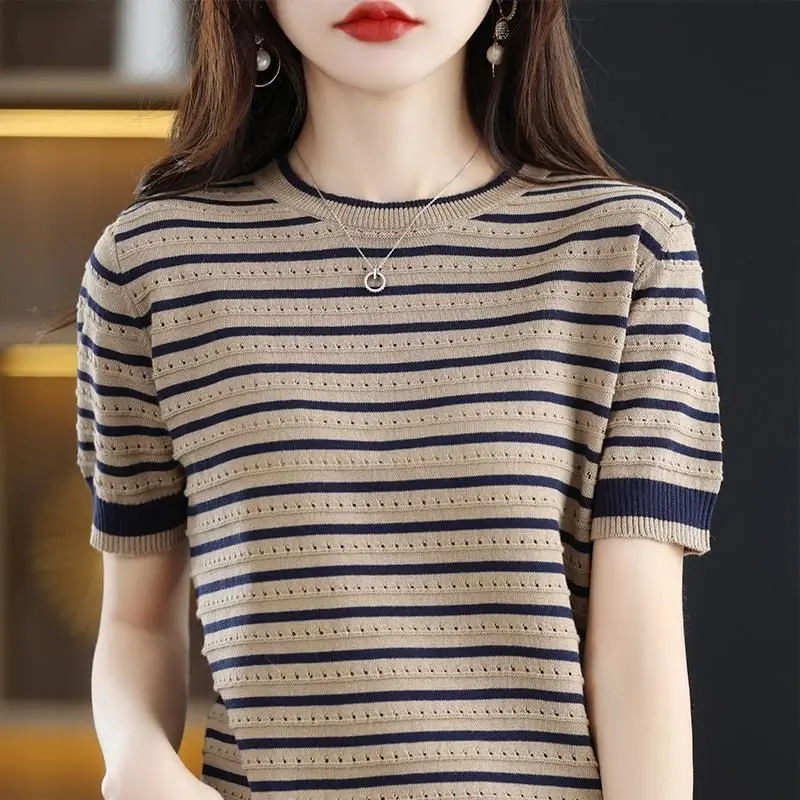 Korean Style New Color Matching Fat People Belly-Covering Coat Loose All-Matching Sweater Women Thin Ice Silk Short Sleeve T-shirt Women Knitwear Womenswear