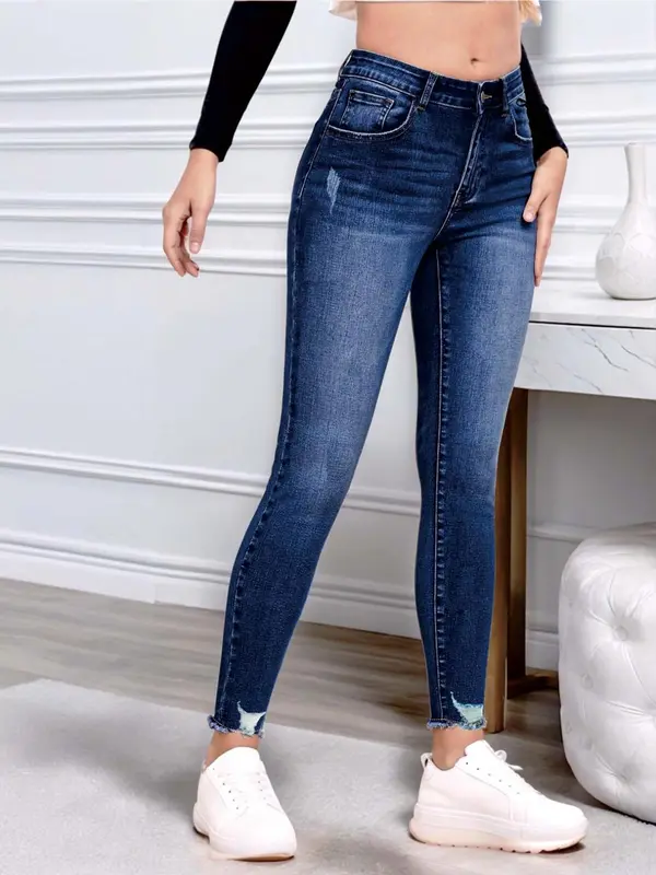 Women's Plain Raw Hem Skinny Jeans, Casual Comfy Denim Jeans for Daily Wear, Ladies Bottoms for All Seasons 3