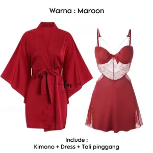 LUCKYMM 231 ONESET - Kimono Dress 2in1 / Satin Lingerie Kimono Babydoll Outer / Baju Tidur Wanita