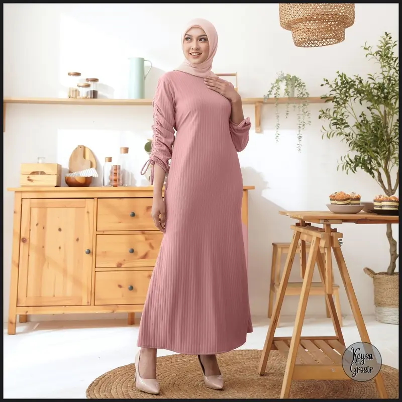 Baju Wanita Jennie Dress Hornet Knit Lengan Serut Muslim Nyaman Panjang Gamis  Maxi Pesta Remaja 3