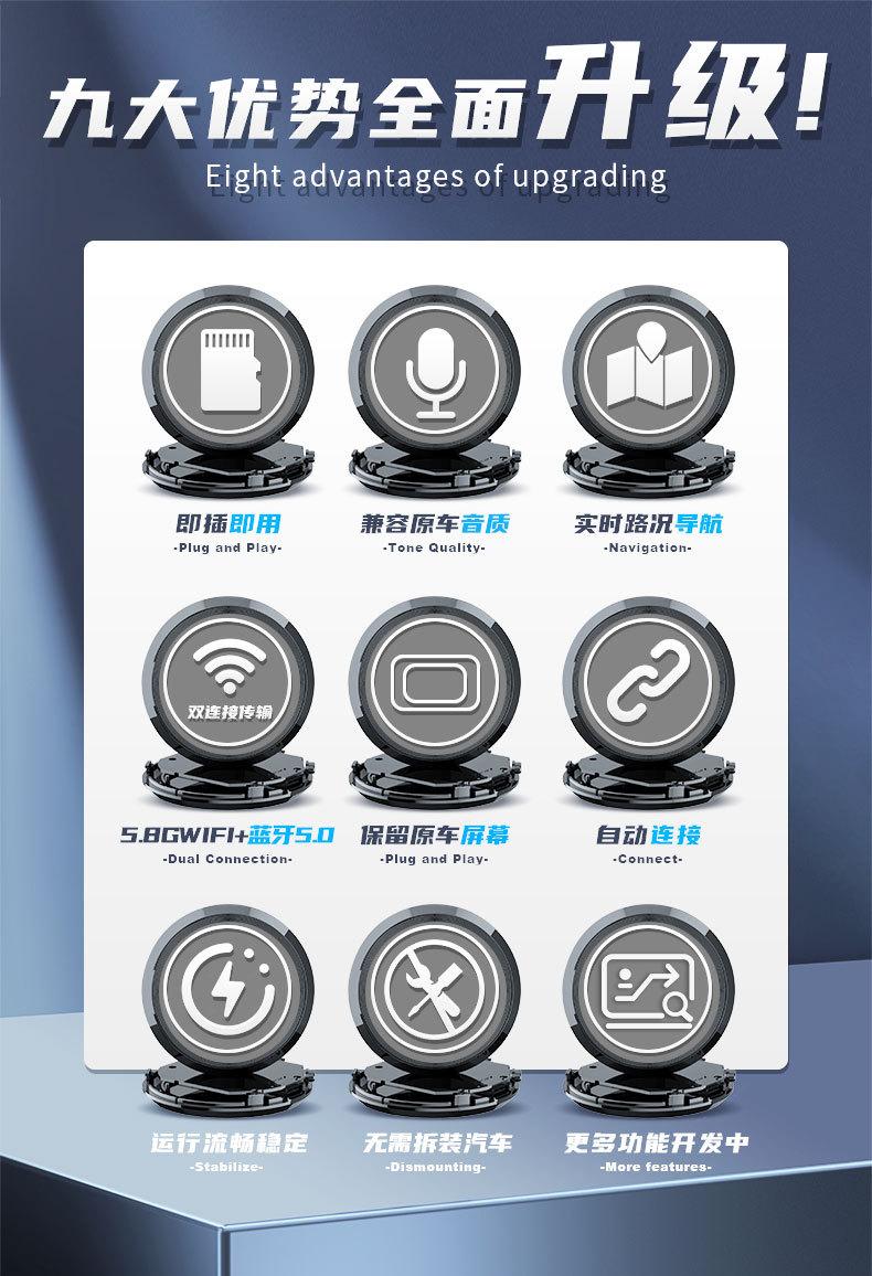 Product Introduction of Wireless CarPlay & Android Auto2in1 Wired to Wireless Vehicle Navigation Music and Phone Calls Video Accessories 3