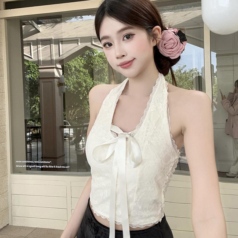 Trang Phục Nữ, Cổ Yếm Dễ Thương Và Gợi Cảm, Có Nơ, Dây Đeo, Ren Thuần Khiết, Áo Ba Lỗ Hở Lưng, Màu Be, Hàng Mới Về