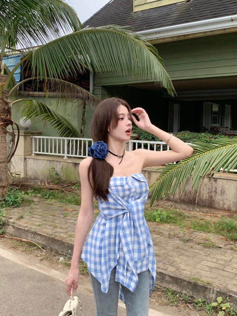 Product Introduction of Áo Ống Lưng Đẹp Trễ Vai, Áo Sơ Mi Kẻ Sọc, Phong Cách Gợi Cảm, Hàng Mới Về Mùa Hè, Bất Đối Xứng, Cô Gái Nóng Bỏng, Có Khóa Kéo, Áo Chui Đầu, Dành Cho Nữ 2