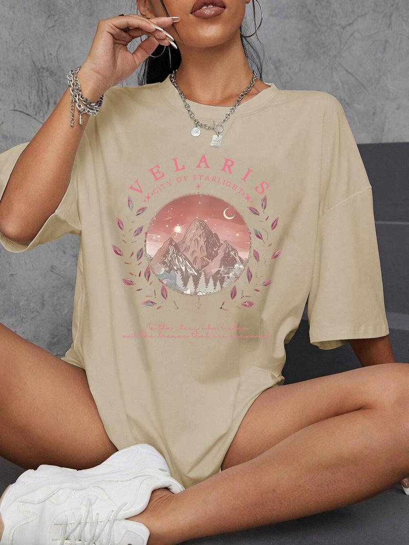 Product Introduction of Women's Mountain & Letter Print Round Neck Tee, Trendy Casual Crew Neck Short Sleeve T-shirt for Daily Wear, Ladies Summer Outfit 3