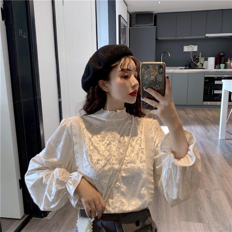 Product Introduction of Áo Sơ Mi Nhung, Ngọt Ngào Và Thanh Lịch, Chắp Vá Selvedge Dây Cổ Đứng, Hàng Mới Về Mùa Thu Cho Nữ, Tay Phồng Trẻ Trung, Áo Dài Tay 3