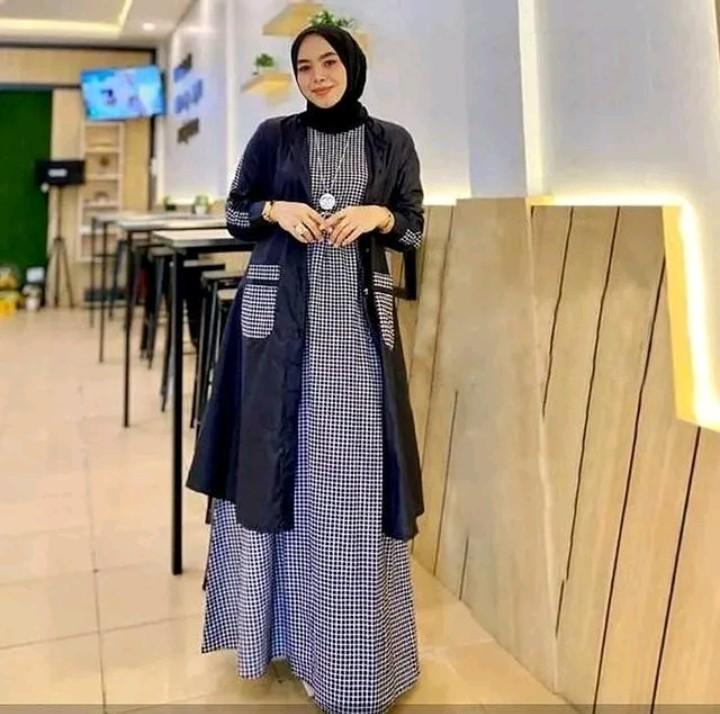 Product Introduction of Baju Gamis Wanita Muslimah Ahza Set Linen Rami Mix Katun Kotak Kotak Dress Set Outer Kardigan Busui Kancing 2