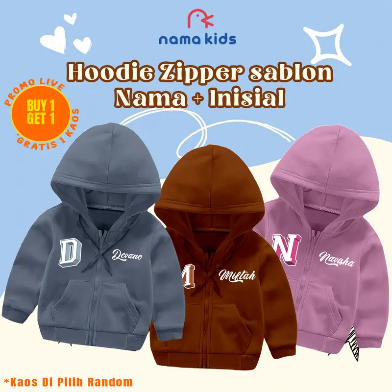 Sweater Hoodie Zipper Anak SABLON INISIAL + NAMA Lucu Hoodie Anak Resleting Sablon Nama Anak jaket anak Cowo Cewe Murah Fashion Switer 2