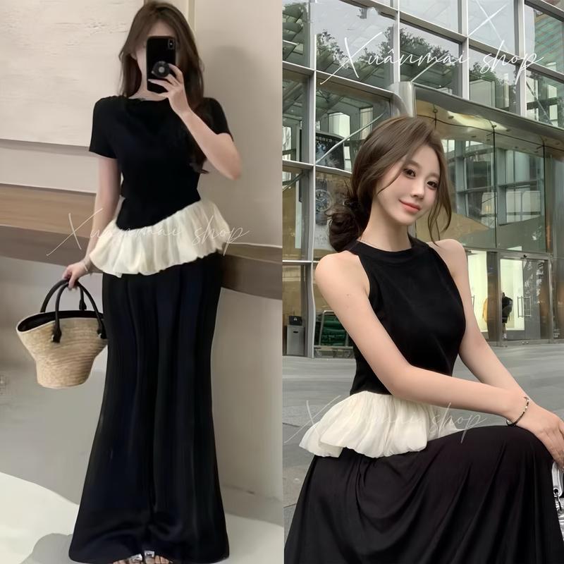 Set ÁO PHỐI TƠ 3lỗ tay ngắn chân váy đuôi cá dài XuânMai shop