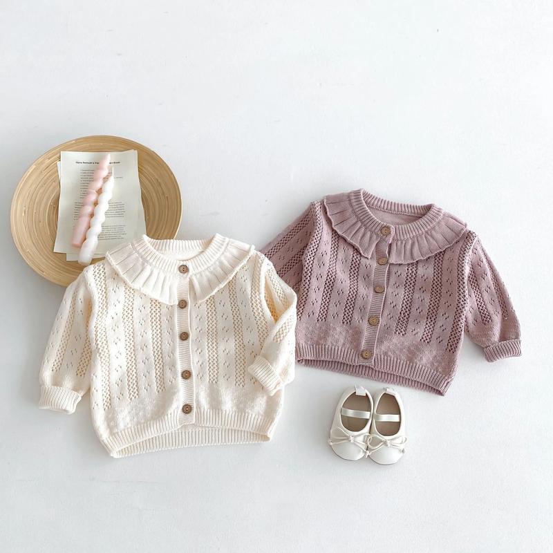 Product Introduction of Korean Baby Girl Autumn Hollow Out Sweater Cardigan Kids Fashion Cotton Ruffle Collar Knitted Jacket Spring Solid Outerwear Coat 11