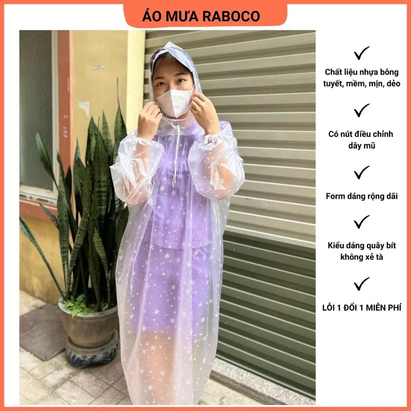 SIZE 1M4 Áo mưa bít bông tuyết không xẻ tà, áo mưa hoa tuyết,chất liệu bông tuyết, đi mưa, xe máy, xe đạp, mềm, dẻo, dai 2
