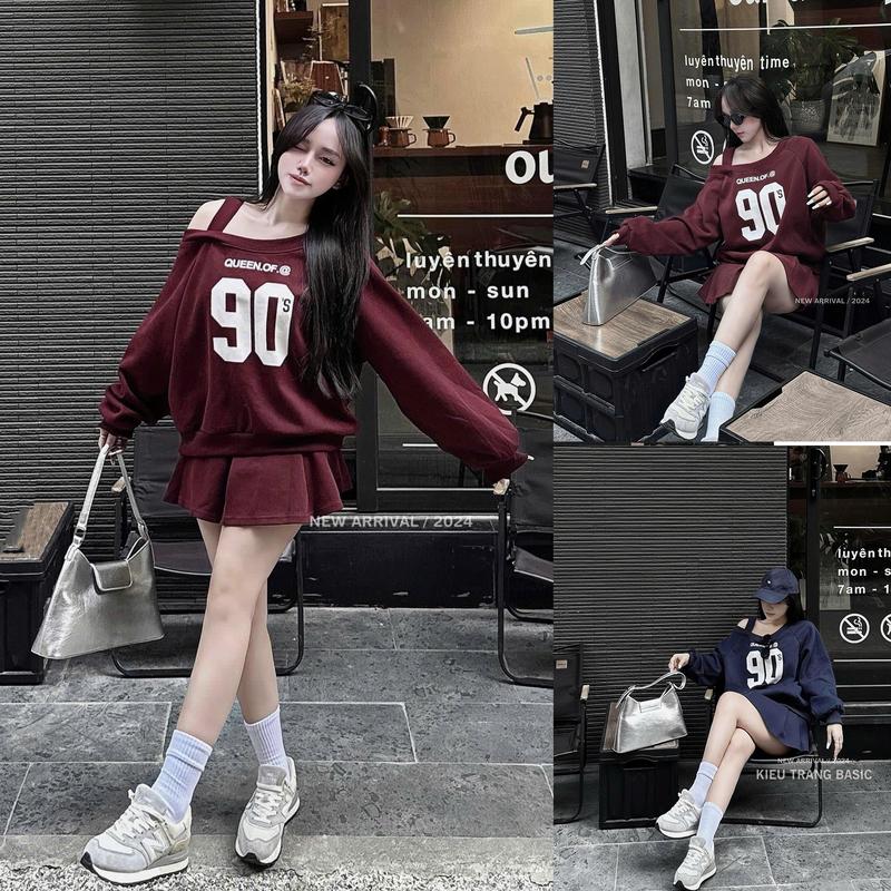 Set bộ nỉ trễ vai in số có dây kèm chân váy xếp li dễ thương by Thời Trang News Nữ Women