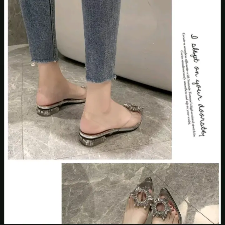 Sandal Hak kaca Wanita Transparant  motif bunga Matahari sepatu pesta 3