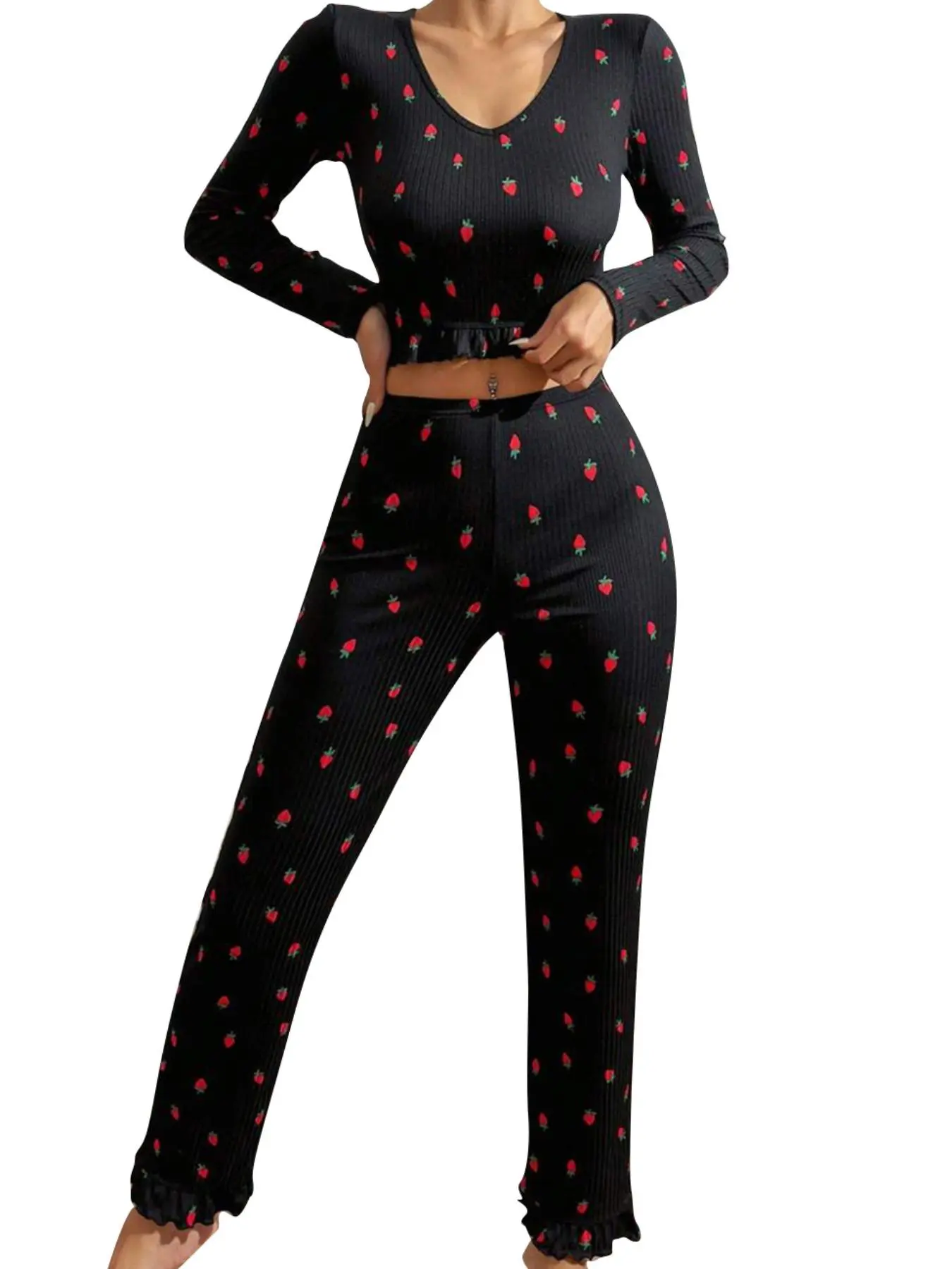 Women's Strawberry Print Top & Pants Pyjama Two-piece Set, Casual Comfy Round Neck Long Sleeve Top & Trousers Set, Ladies Sleepwear for All Seasons