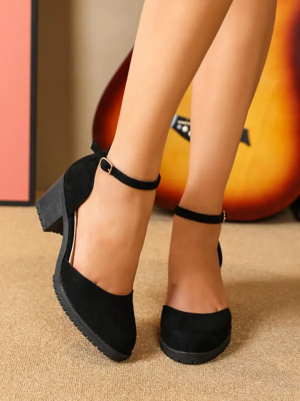Women's Fashionable Solid Color High Heel Shoes, Elegant Pointed Toe Buckle Design Chunky Heeled Heels for Daily Wear, Minimalist Ankle Strap Pumps 2