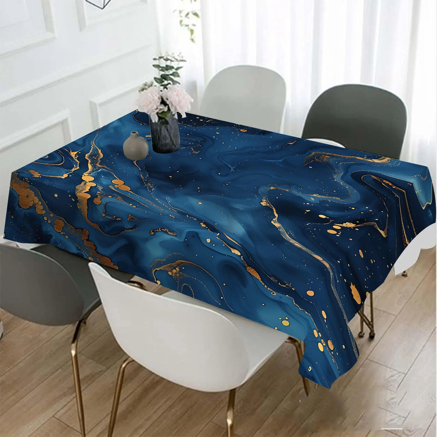 1pc Blue And Golden Marble Design Tablecloth - Polyester Non-Woven Fabric, Machine Made Square Table Cover For Home Gatherings, Living Room, Dining Table, Coffee Table - Decorative Dust-Proof Tablecloth