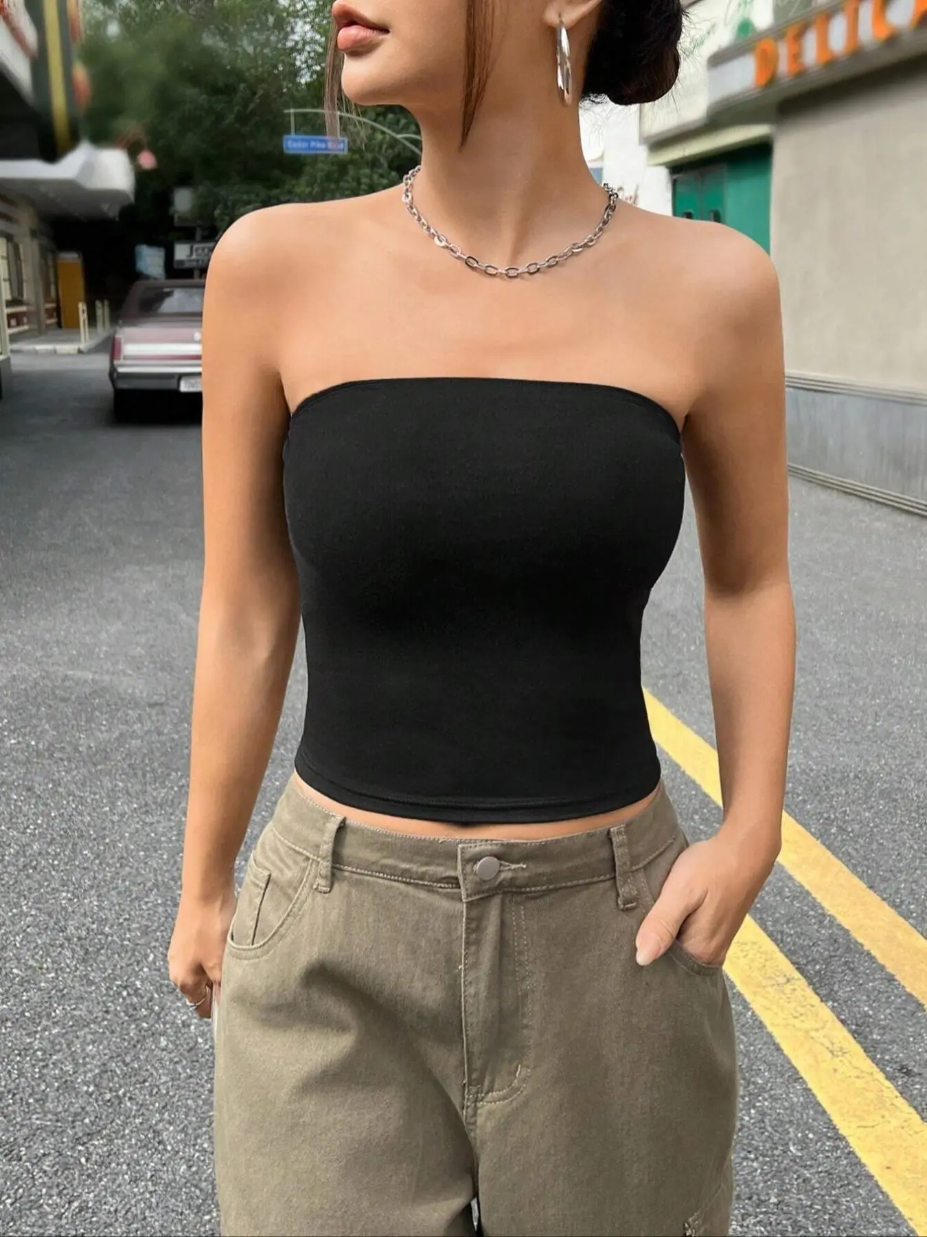 Women's Solid Backless Crop Tube Top, Casual Fashion Sleeveless Top for Summer, Ladies Clothes for Daily Wear