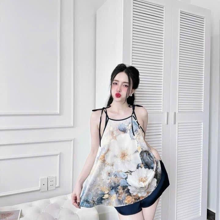 Sét bộ yếm hoạ tiết chất lụa gấm áo+quần có túi women form 40-60kg 4