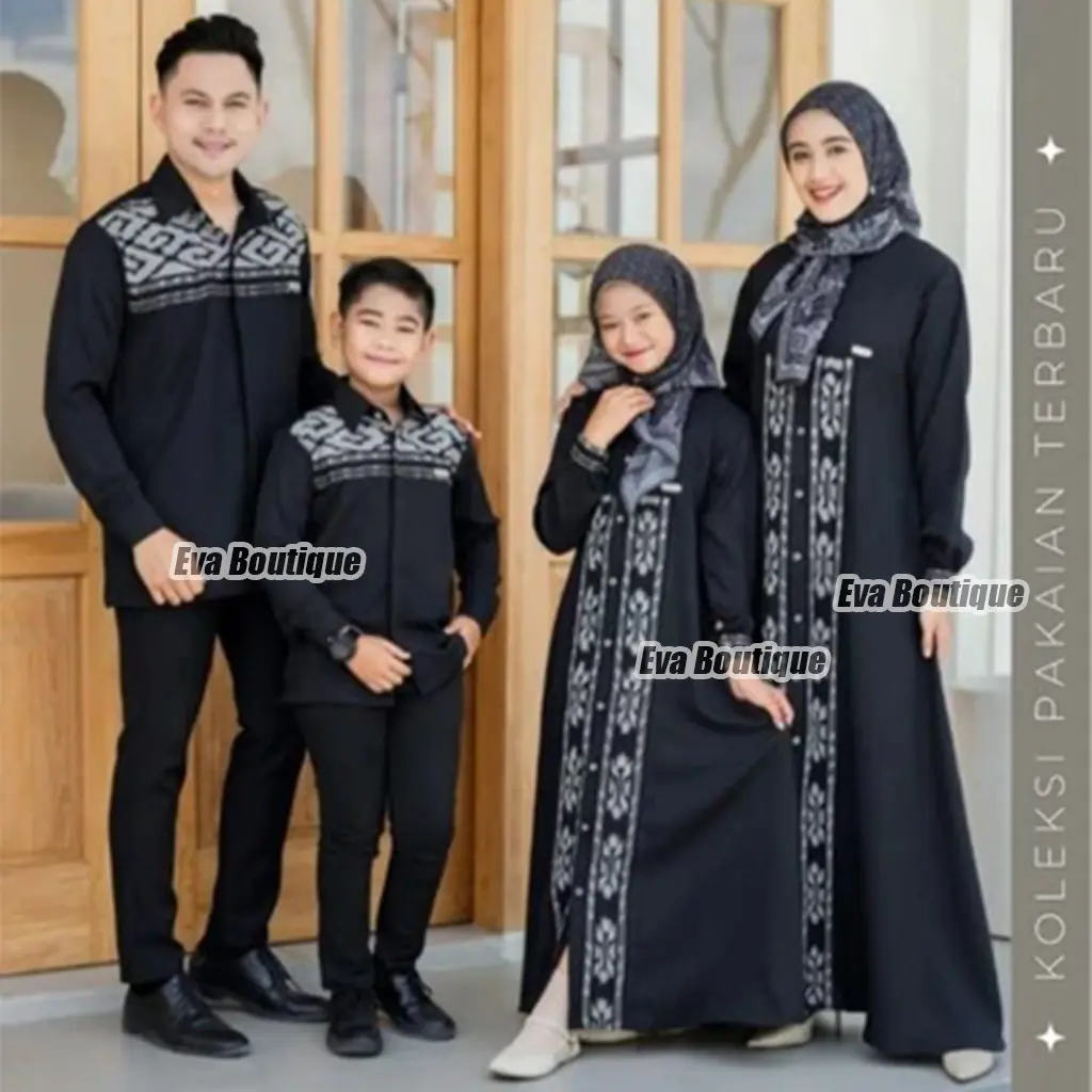 EVA BOUTIQUE - Nareswari Baju set couple kemeja dan dress pasangan kondangan keluarga tenun mix toyobo premium motif black rantai - Muslim Panjang Setelan Gamis Wanita Sarimbit Lebaran 2025 elegan family Hitam Batik busana Modern sekeluarga Songket raya