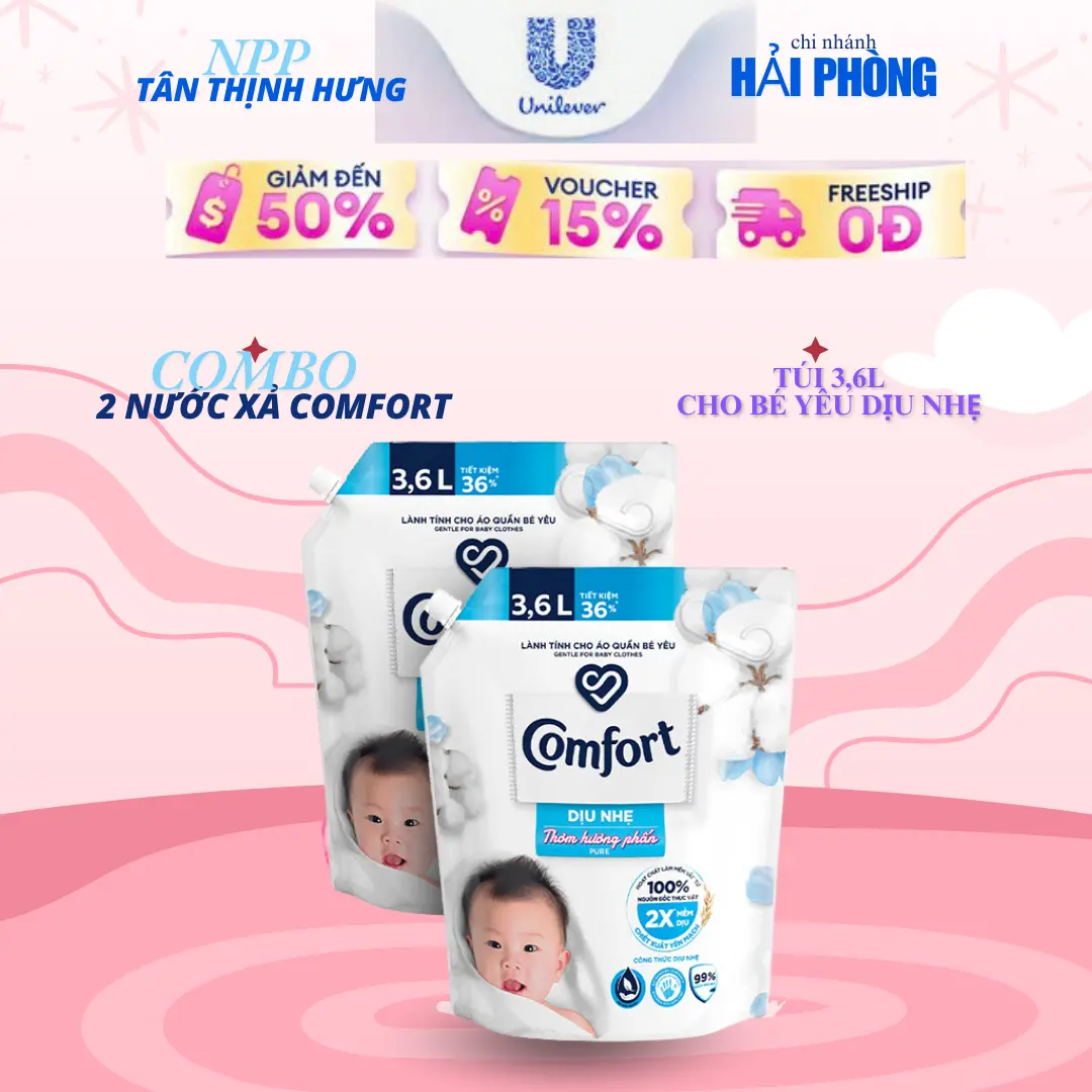 Combo 2 Túi Nước Xả Vải Comfort cho bé yêu nhạy cảm Dịu Nhẹ 3,6L