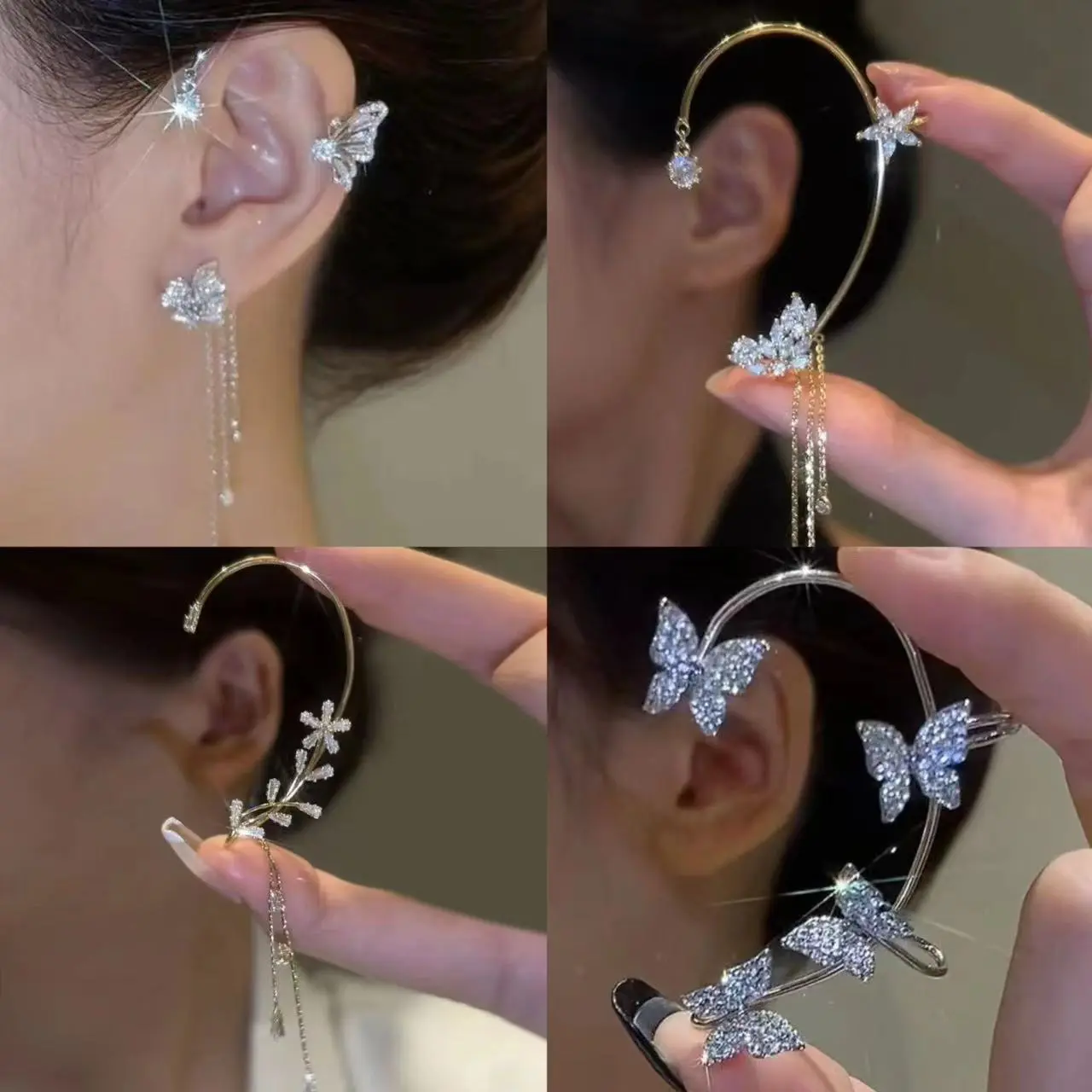 Hot-selling New Long Tassel No Ear Piercing Ear Hanging Super Flash Niche Elf Butterfly Ear Clip Light Luxury Earrings
