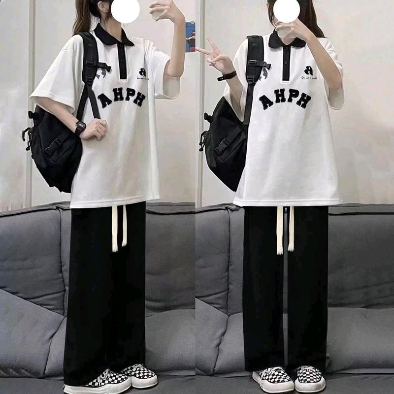 Sét Bộ Đồ Quần Ống Rộng Dây Rút Bản To + Mix Áo Thun Polo Phom Rộng Tay Lỡ - Chữ AHPH - Nữ Women Cotton Top Nhung Ong Jacket Shirt - Cổ Tròn 1