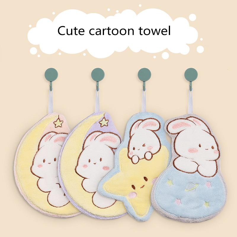 Product Introduction of Cute Rabbit Pattern Hand Towel Soft Hanging Towels Absorbent Coral  Towel Kitchen Bathroom Double-thickness Hand Towel 24