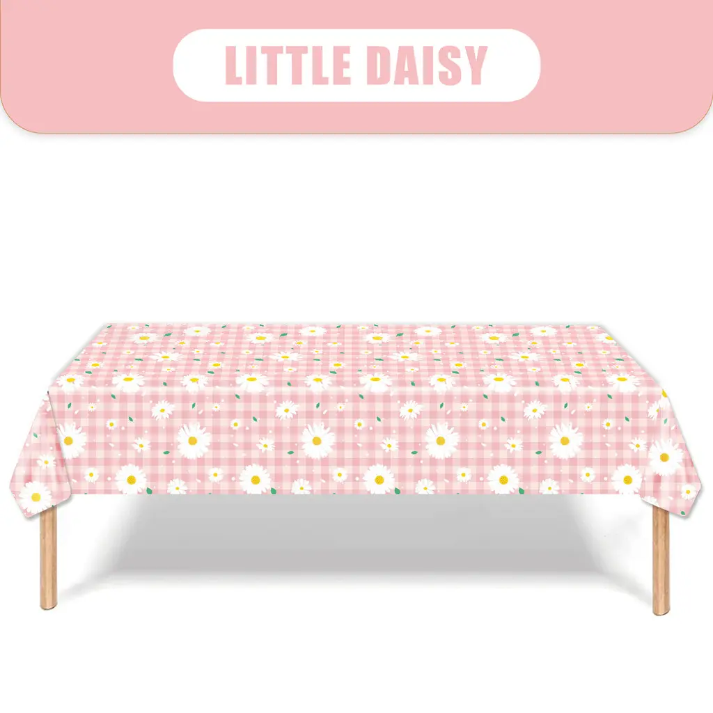 108CM Pink Daisy Disposable Plastic Tablecloth - Waterproof Floral Design for Parties, Weddings, Picnics