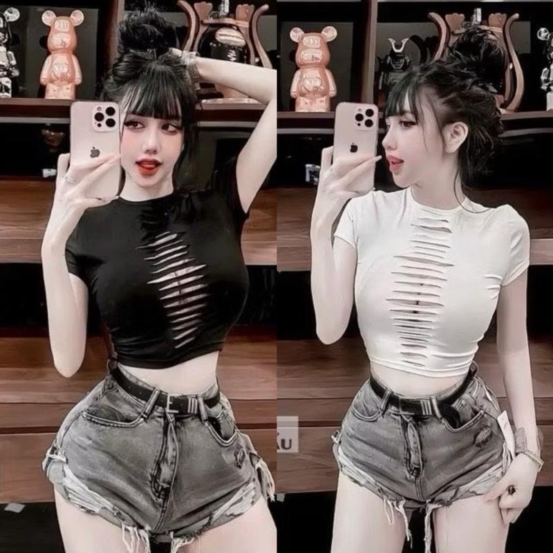 Áo Croptop Xẻ Tay Ngắn Chất Borip Co Giãn Phong Cách Sexy Cho Nữ Thắt Eo Ôm Body - Women