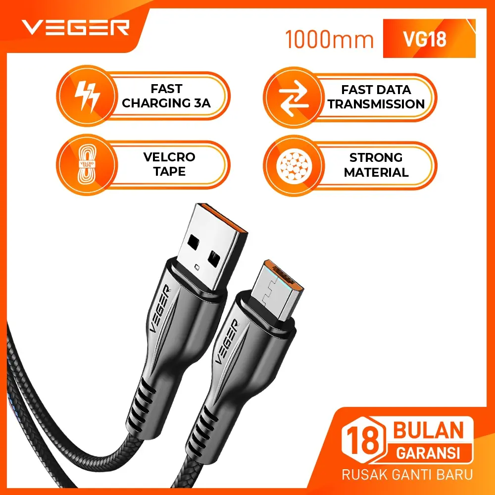 VEGER Kabel Data Cable VG18 Micro USB 3.0A Fast Charging Quick Charge 3.0 1 Meter