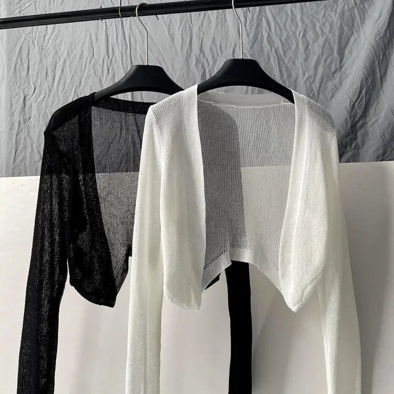 Áo Khoác Cardigan Dệt Kim Lụa Lạnh Mỏng Khăn Choàng Chống Nắng, Trang Phục Mùa Hè Cho Nữ, Phong Cách Hàn Quốc, Dáng Rộng Vừa Vặn, Áo Ngắn Màu Đen, Thời Trang 1
