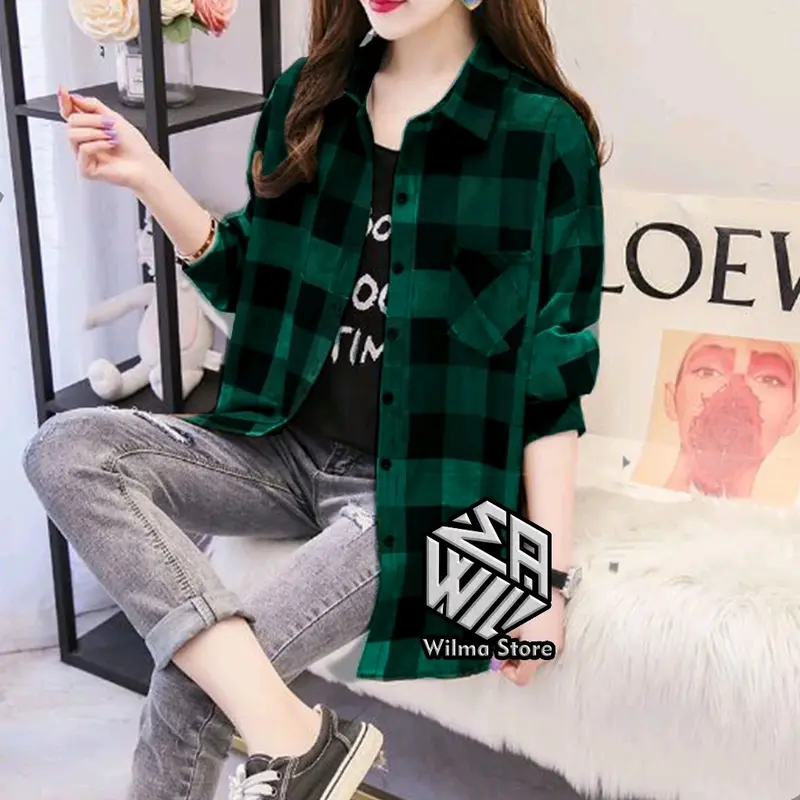 Kemeja Flanel Wanita Lengan Panjang Motif Kotak Best Seller Atasan Casual Baju Oversize Top 6