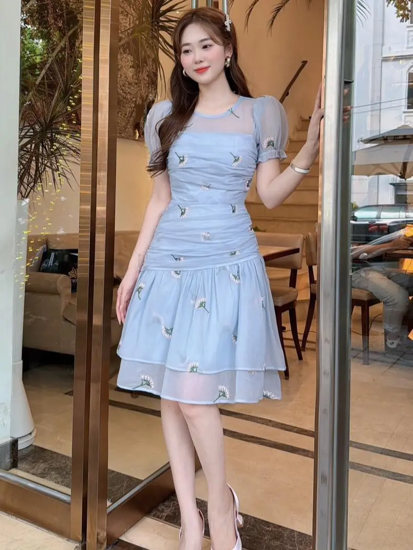 V534 Xanh Váy tơ đũi hoa xanh, váy cổ tròn hoa nhí trẻ trung, đầm Dress mini