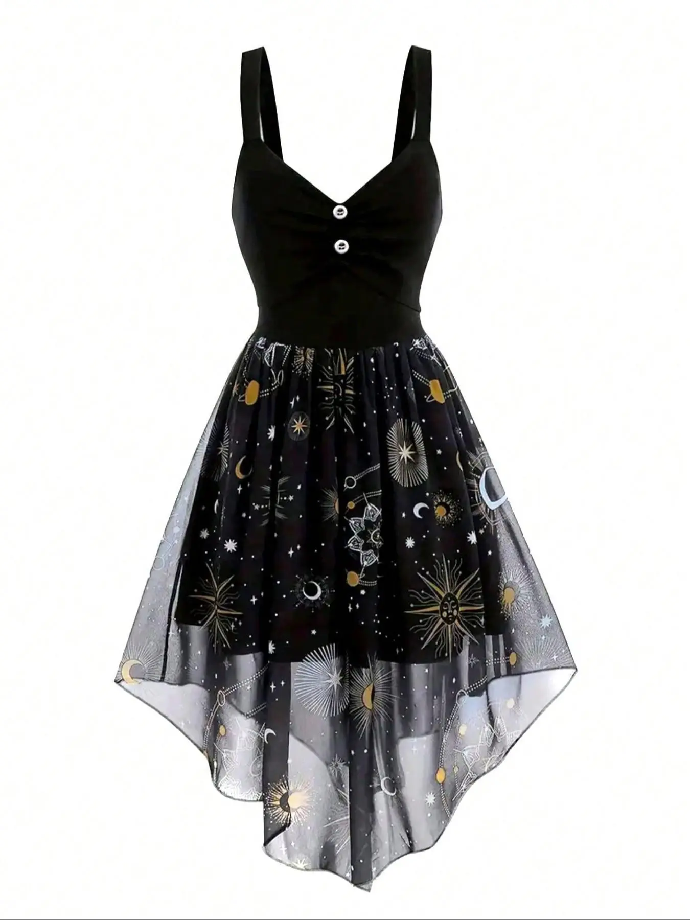 Costume Plus Size Patchwork Galaxy Print Contrast Mesh Ruched Tank Dress, Casual Sleeveless High Low Button A-Line Dress for Vacation Holiday, Halloween Women's Plus Clothing for Summer