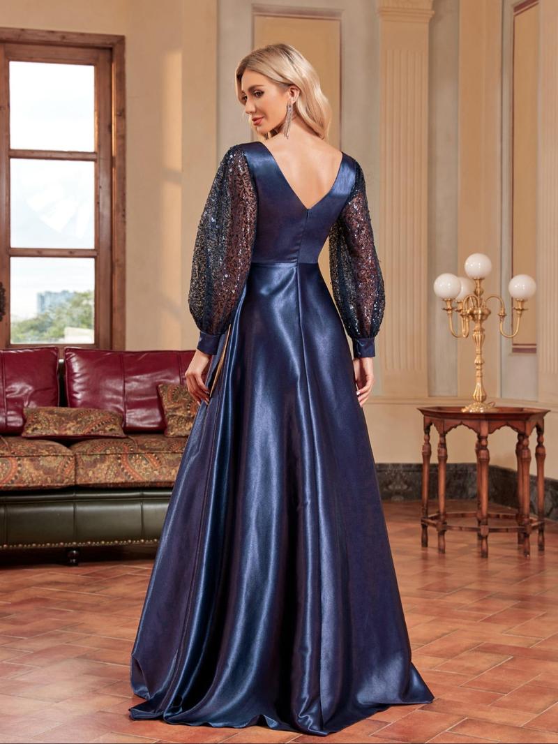 Product Introduction of Women's Glitter Sequin Contrast Mesh Wrap V Neck A Line Evening Dress, Elegant Bishop Sleeve Maxi Evening Party Gown, Ladies Spring & Fall Clothes 4