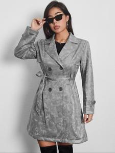 Women's Solid Double Button Belted Trench Coat, Casual Fashion Long Sleeve Coat for Daily Outdoor Wear, Ladies Clothes for All Seasons