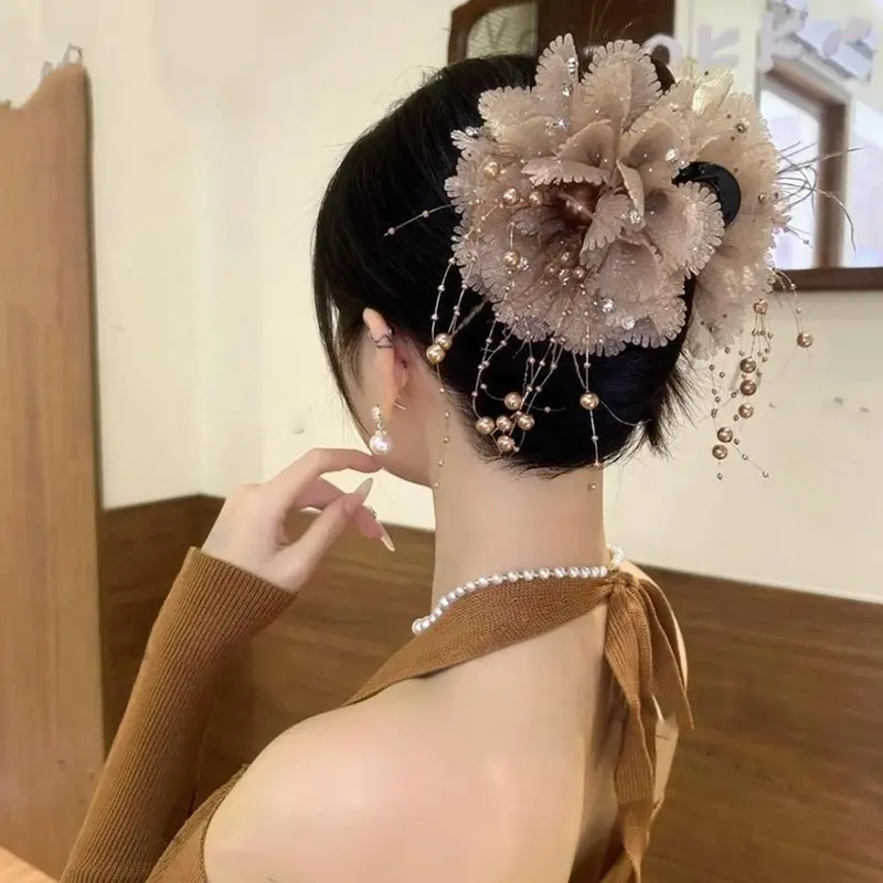 Kẹp Tóc Hạt Hoa Lưới, Cỡ Lớn, Kẹp Tóc Tua Rua Lông Vũ, Phụ Kiện Cổ Điển Kẹp Tóc Đuôi Ngựa Cho Nữ, J7L4 7
