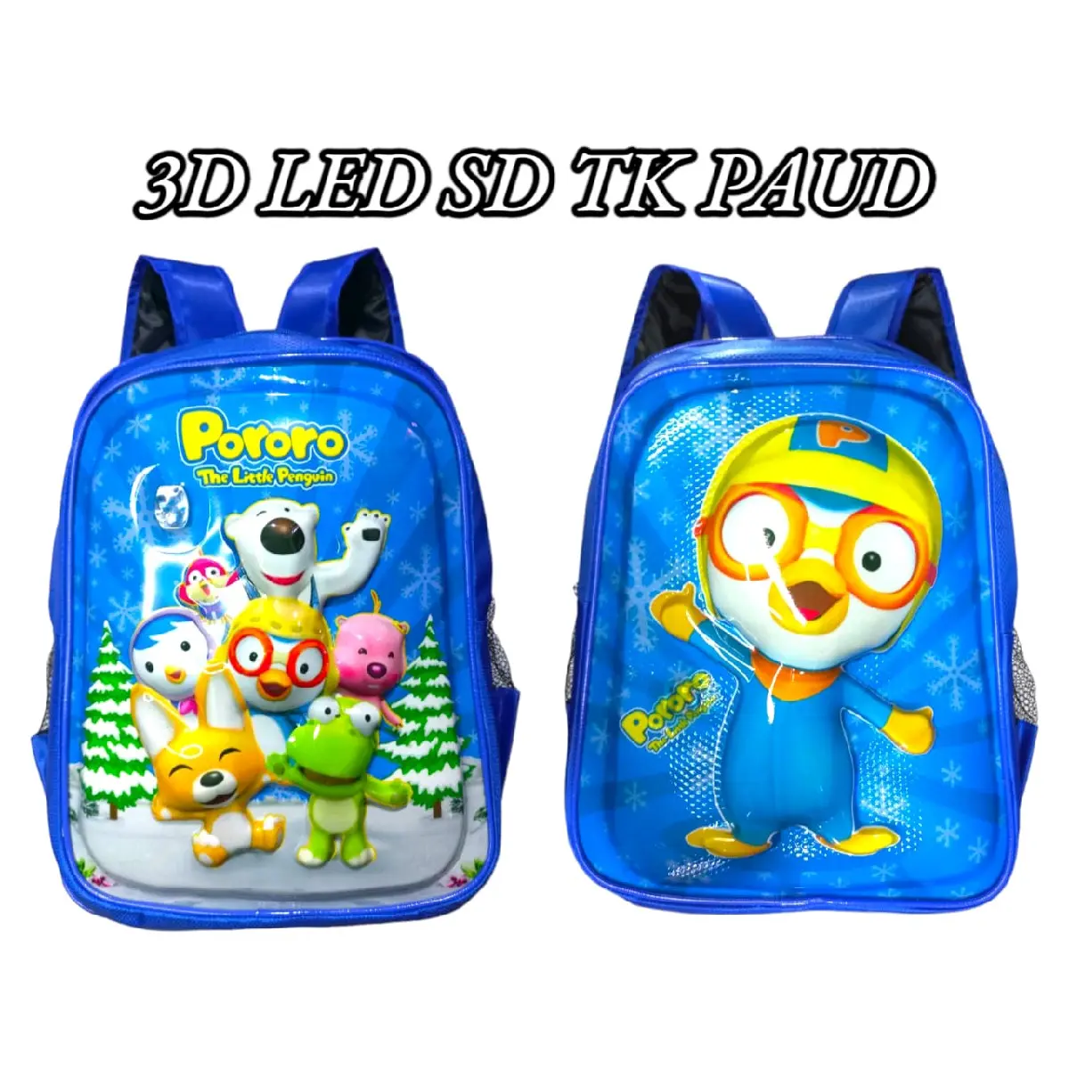PORORO TAS ANAK SEKOLAH SD TK PAUD 3D LAMPU LED Tas Punggung Karakter Kartun Motif