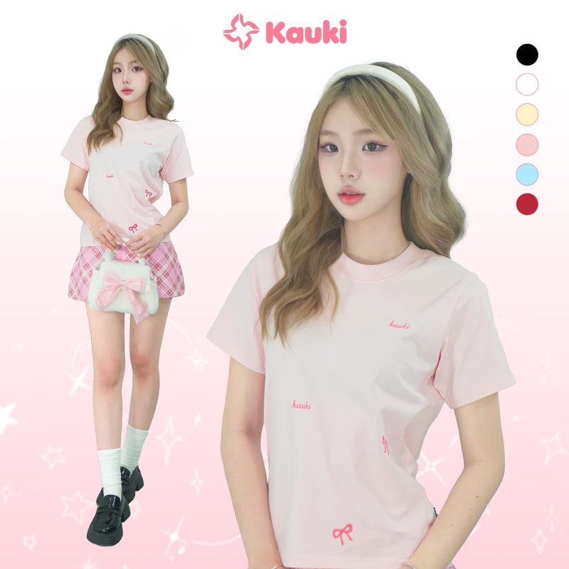 Áo Thun Baby Tee Cotton Cổ Tròn Áo Kauki Thêu Nơ Style Dễ Thương Tay Ngắn 250gsm Dành Cho Nữ BBT21 Women Dài Tay Top