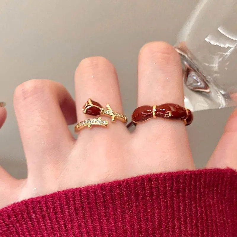 【Sktlz】Wine Red Rose Zircon Ring Wanita Buka Indeks Cincin Finger Temperature Adjustable Ring 5