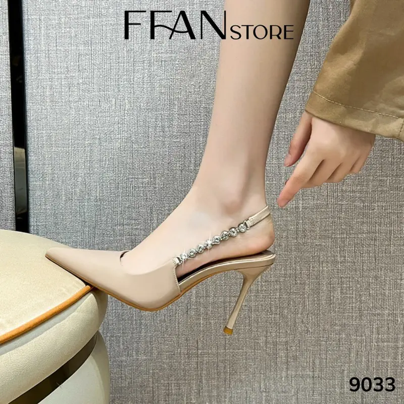 Giày cao gót mũi nhọn hở gót [da mềm mại] 9033 FFAN STORE, gót nhọn 7 9 phân bít mũi đính đá bigsize màu đen be da lộn DéP Nữ 5