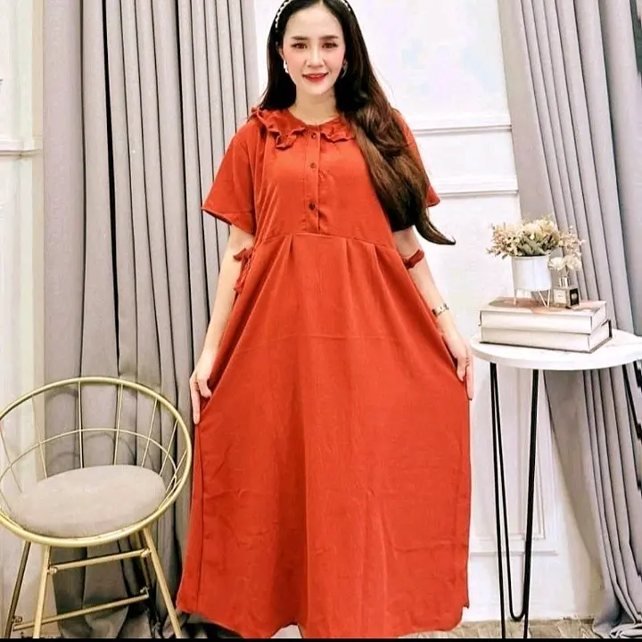 Daster Dress Wanita Dewasa  Busui  Kancing Ruffle Kekinian  Mewah  Kain Crinkle Airflow Premium Nyaman Tebal Remaja Samping Panjang Katun Cantik Midi Bumil 1