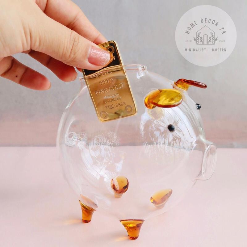   SẴN TP HCM Ống Heo tiết kiệm Thuỷ Tinh  trong suốt size 13cm tròn-Heo đựng nhẫn hạt vàng,kim cương-tặng sticker 