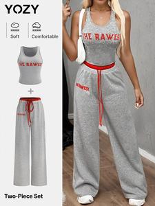 YOZY Women's Letter Print Tank Top & Drawstring Waist Wide Leg Pants Two-piece Set, Casual Sleeveless Top & Trousers for Daily Wear, Ladies Two-piece Outfits for All Seasons