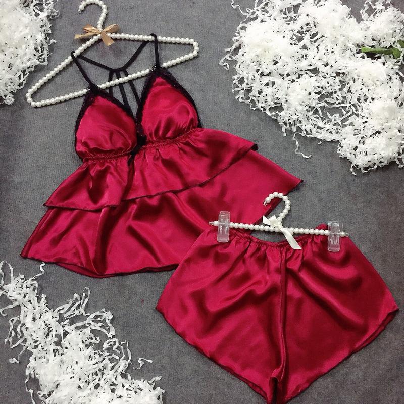 Bộ Áo Ngủ Quần Ngủ Nữ- Bộ đồ Ngủ Women  Kem Chất Liệu Phi Lụa bóng 3 Dây Có Mút size 40-55kg Màu Xanh Đen Hồng Vàng Đỏ