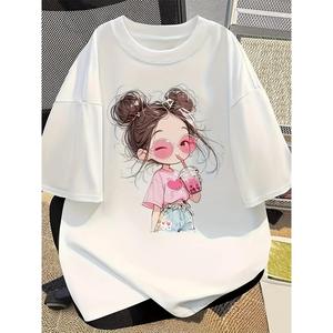 レディース夏の新しいしいゆったりとしたかわいいいカートゥーンプリント五分袖丸頭Tシャツ |     100%コットン,ラウンドネック,やや伸縮性のある生地で,カジュアルウェアに最适です.