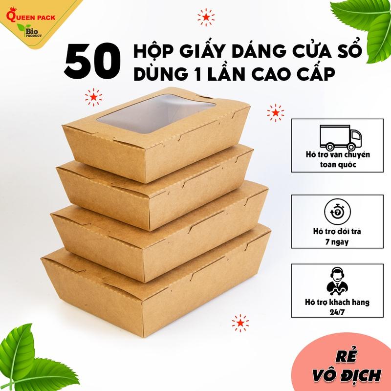 SET 50 Hộp giấy Kraft đựng thực phẩm dáng cửa sổ QP-W, đựng bún trộn, bánh, xôi. hoa quả, thức ăn