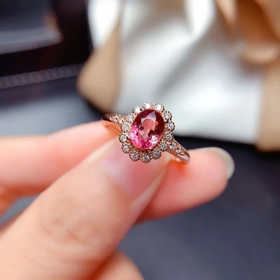 Genuine Goods Natural Tourmaline Ruby Watermelon S925 Sterling Silver Open Mouth Rose Golden Ring Female Leak Picking Ring