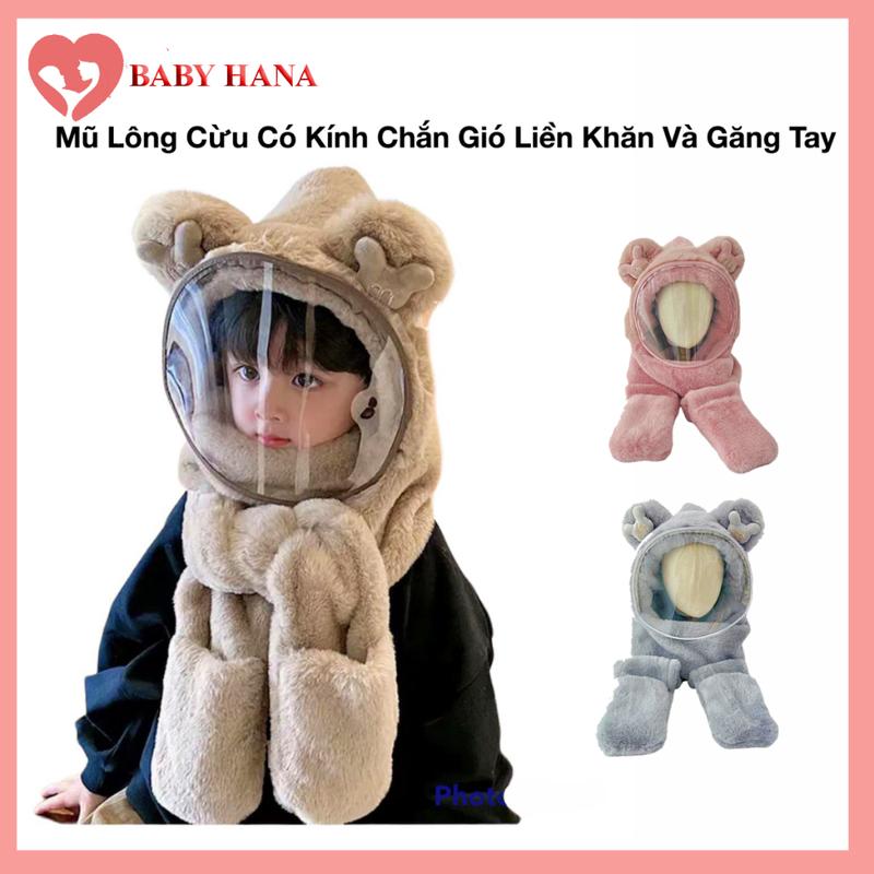 Mũ Len Trùm Đầu Có Kính Chắn Gió Kèm Khăn Quàng Cổ Và Găng Tay Cho Bé, Nón Len Lông Cừu Cho Bé