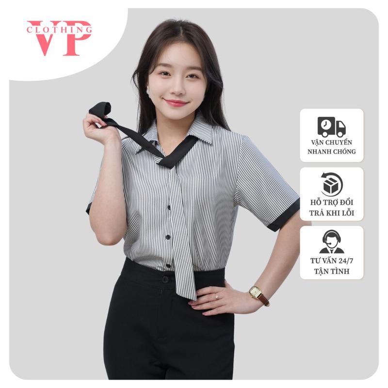 A52 - Áo Sơ Mi Nữ Tay Ngắn Sọc Kẻ VP Clothing, Top Women Shirt Thiết Kế Sang Trọng, Cổ Thắt Nơ Hoặc Cà Vạt, Phong Cách Hàn Quốc, Dễ Mix Đồ, Phụ Kiện
