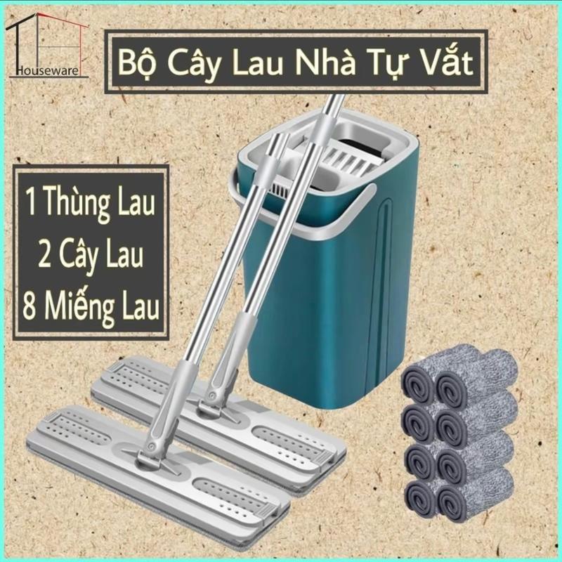 Bộ Cây Lau Nhà ( 1 thùng + 2 cây lau + 8 miếng lau) Tự Vắt Xoay 360 độ kèm bông lau, thùng lau sàn Làm Sạch Inox thùng nhựa abs có thể xoay thông minh
